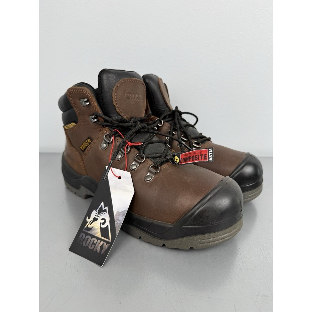 Rocky Hard Toe Work Boots Mens 9 M Composite Brown Leather Hiker 5"‎ Waterproof